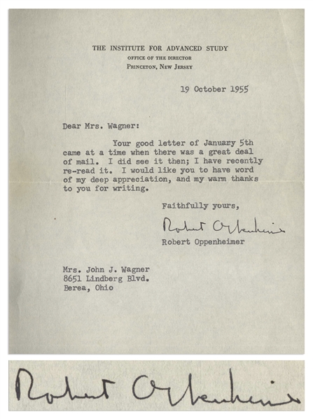 Robert Oppenheimer Letter Signed From 1955